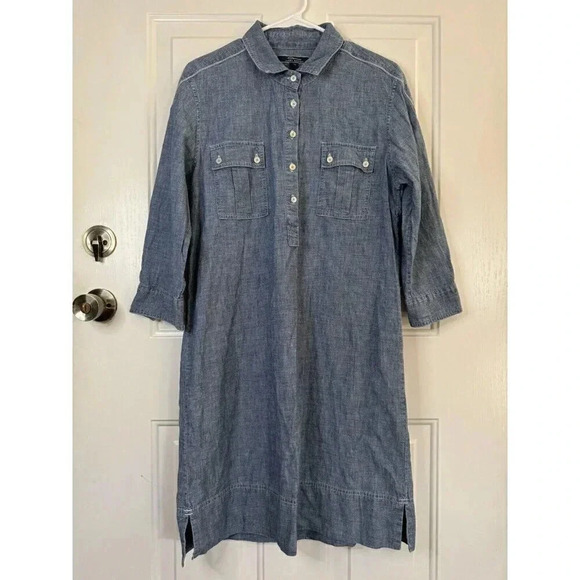 TOMMY BAHAMA Popover Shift Dress Cotton Chambray Blue Roll Tab Sleeve Medium - Picture 1 of 11